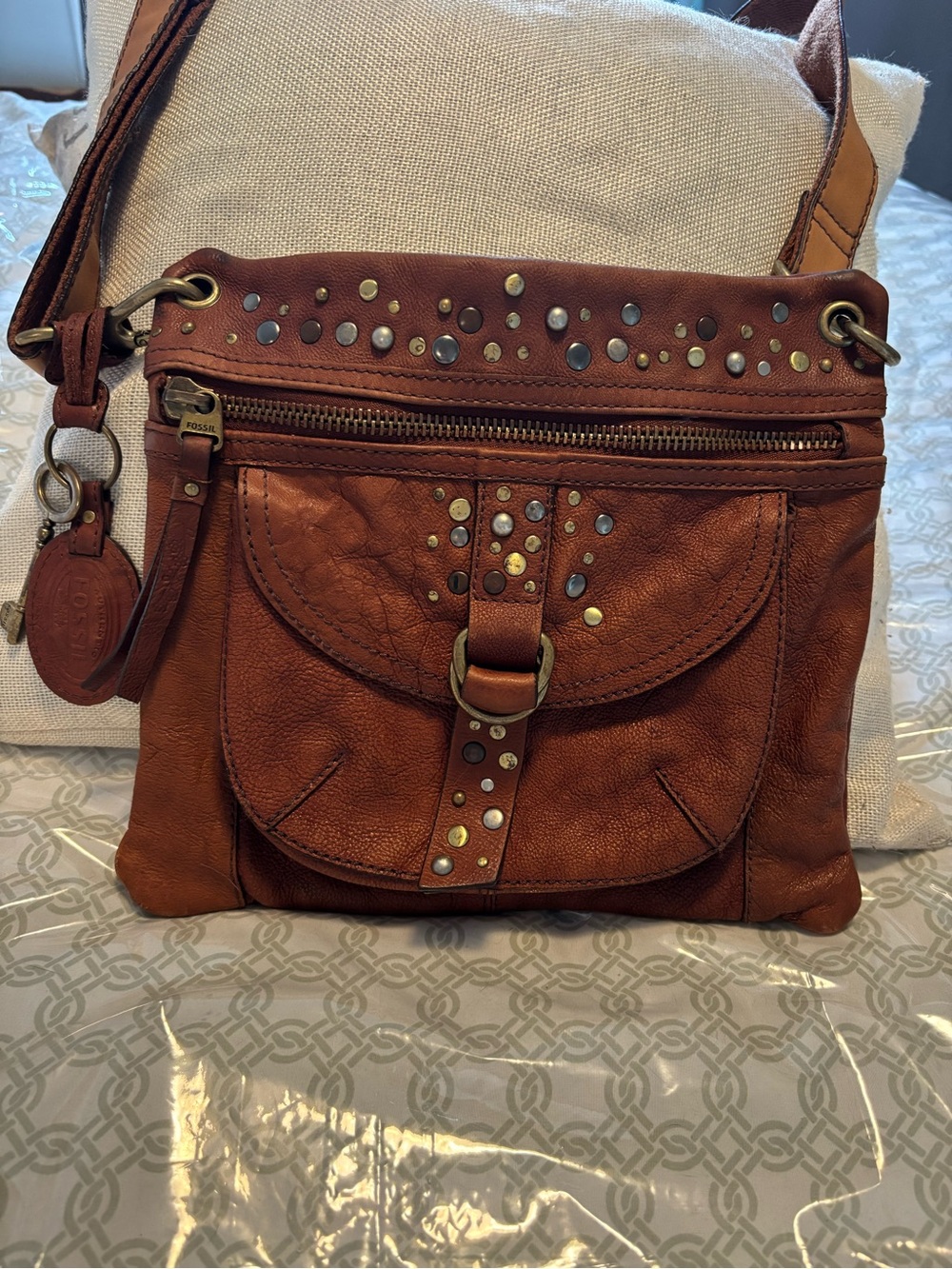 Fossil Tan Leather Studded Crossbody Bag